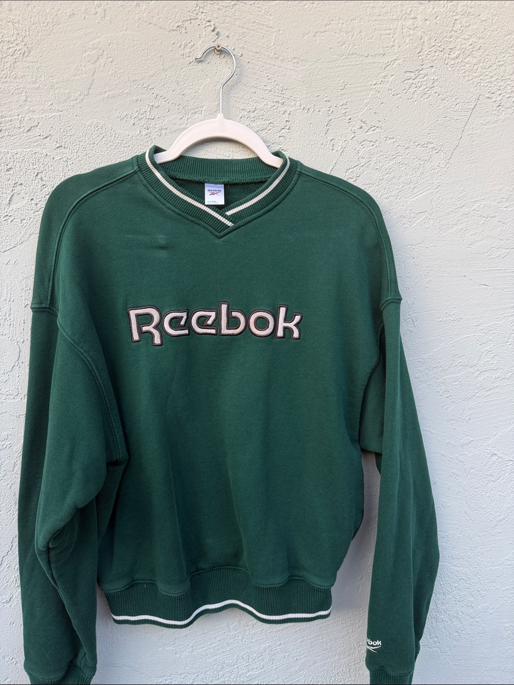 Reebok Men's Dark Green V-Neck Sweatshirt with White Trim